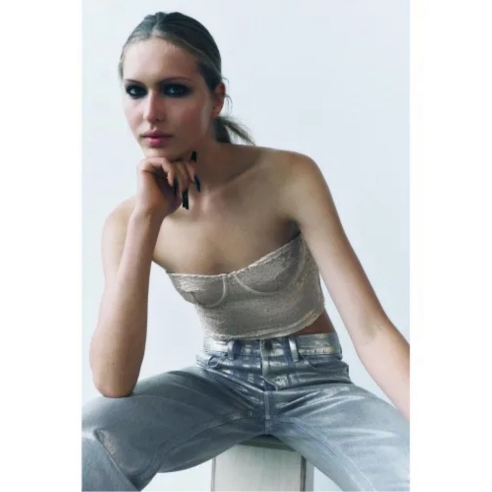 New NWT Zara Sequin Bustier Corset Top in Champagne size Medium - Picture 2 of 8